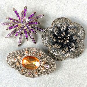 Vintage Brooch Pin Lot Purple Rhinestone Starburst Silver Tone Floral Filigree